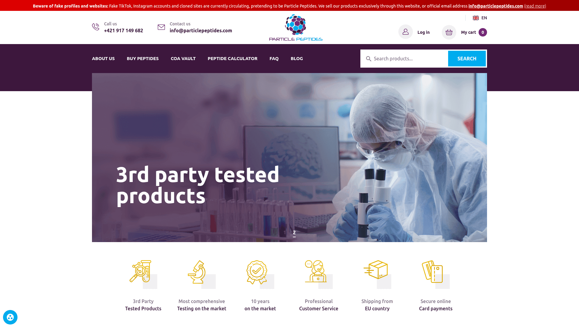 Particle Peptides homepage screenshot